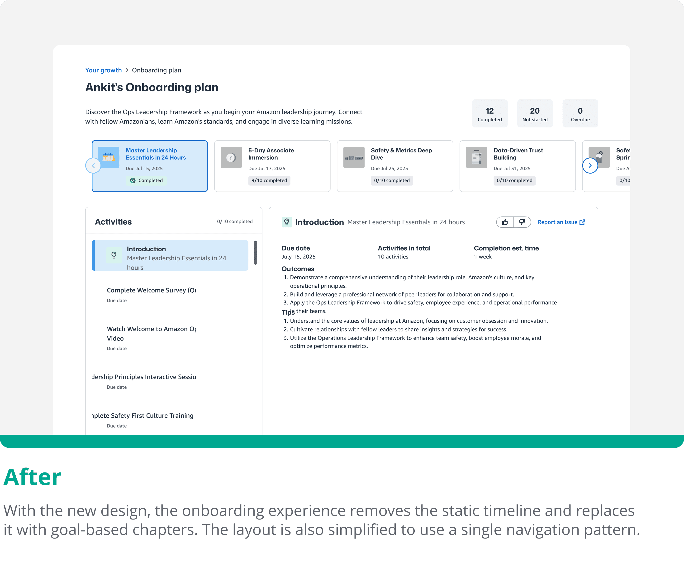 After redesign: a personalized onboarding plan with goal-based chapters and one navigation pattern