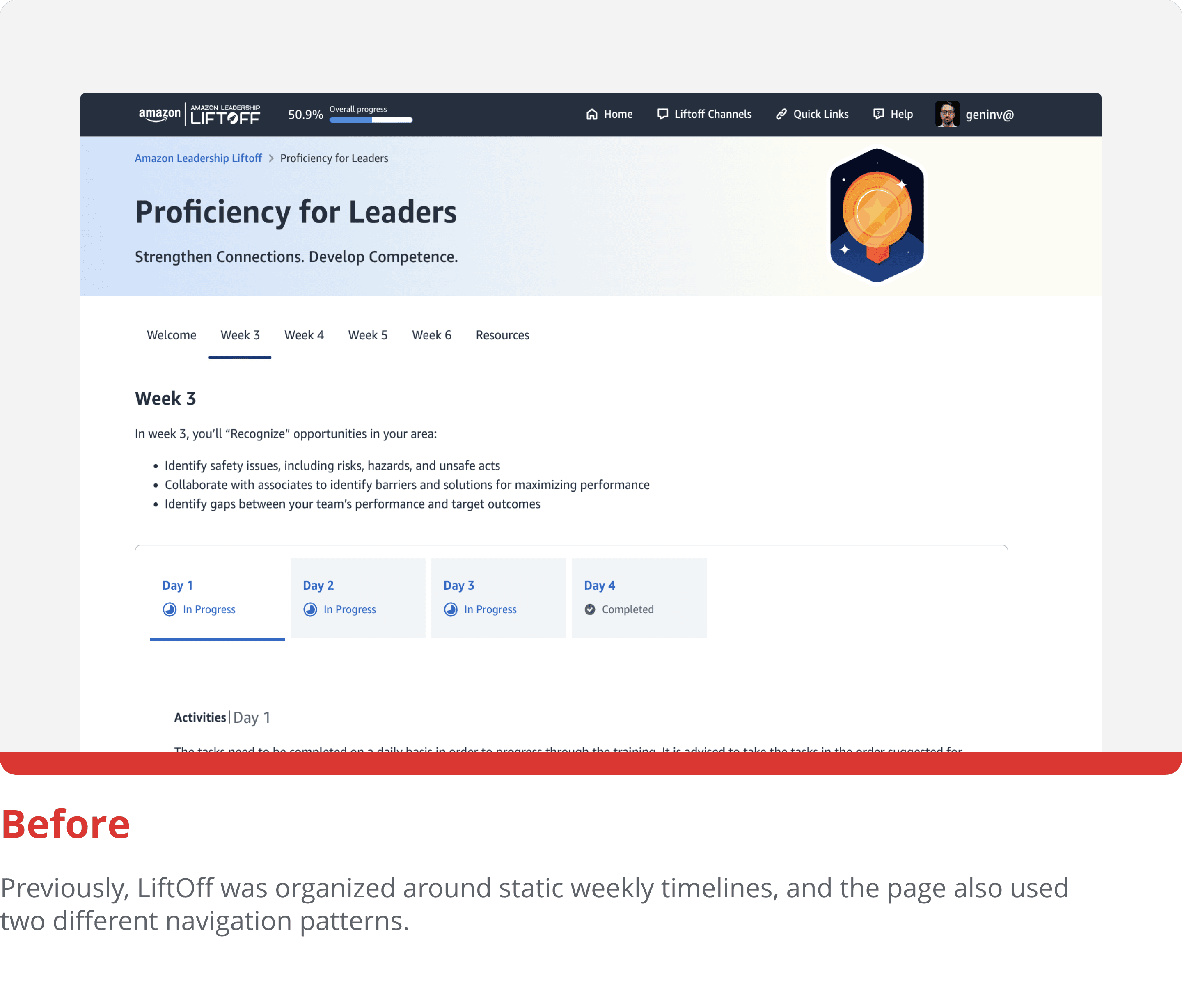 Before redesign: a static week-based onboarding experience with competing navigation patterns