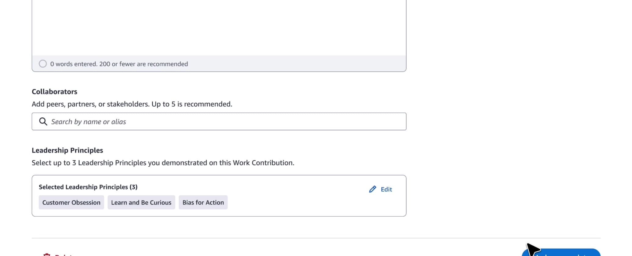 Final Work Contribution state with editable Leadership Principle tags