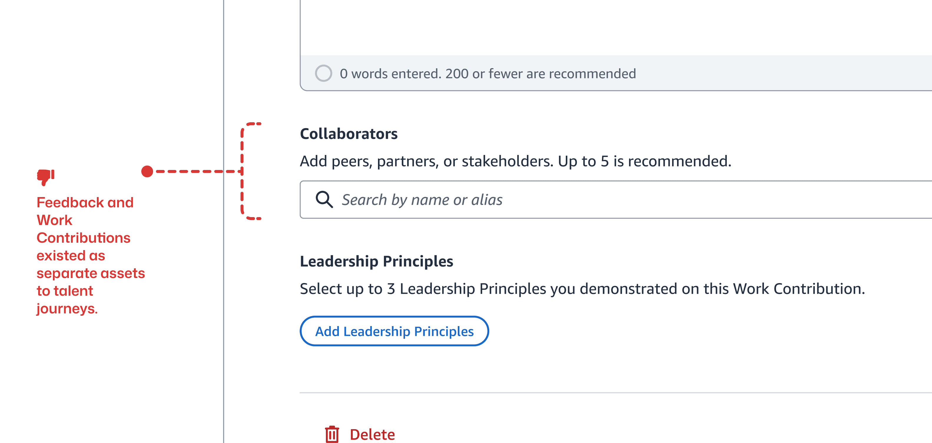 The original experience showing feedback and Work Contributions as separate assets