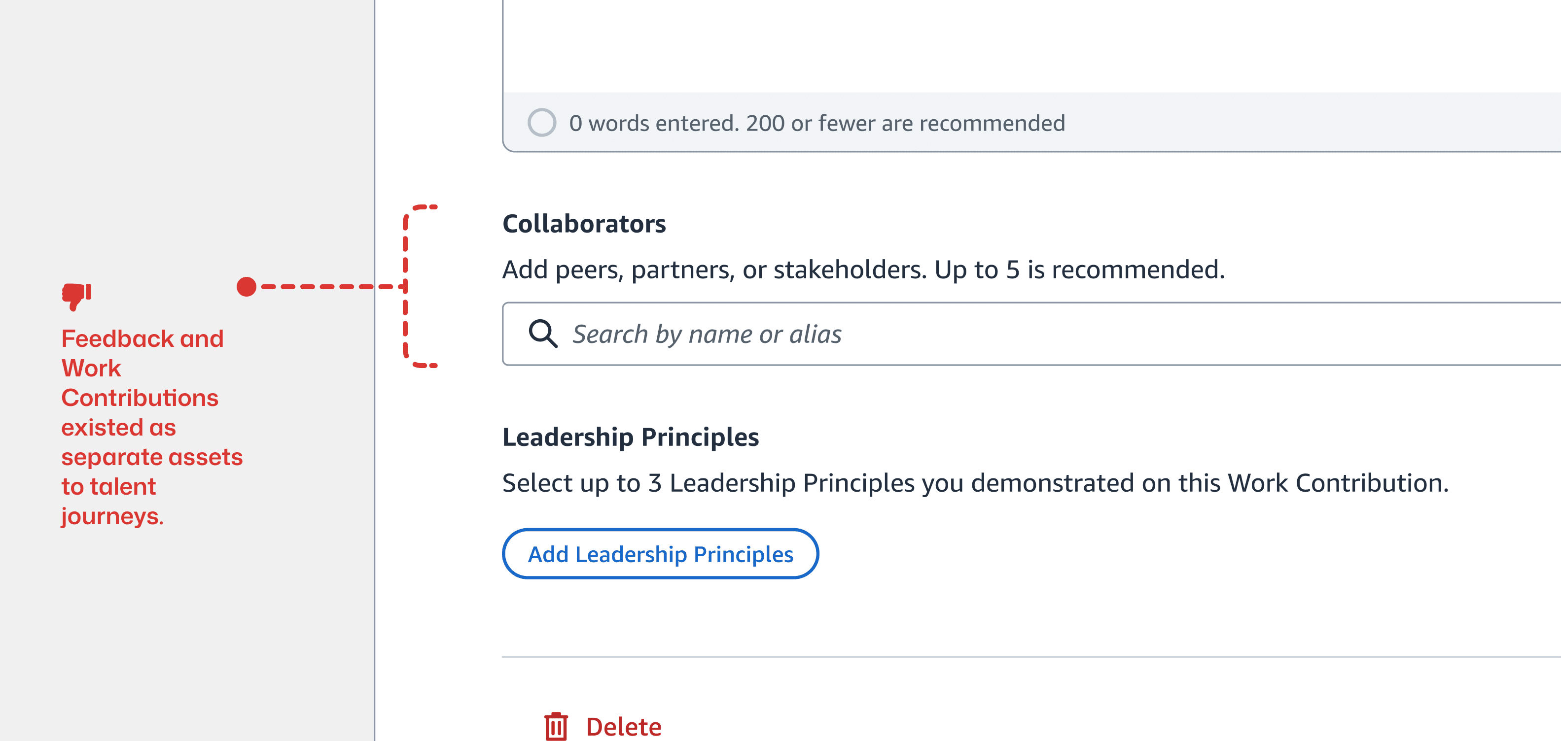 Work Contribution interface highlighting that feedback and work existed as separate assets across talent journeys