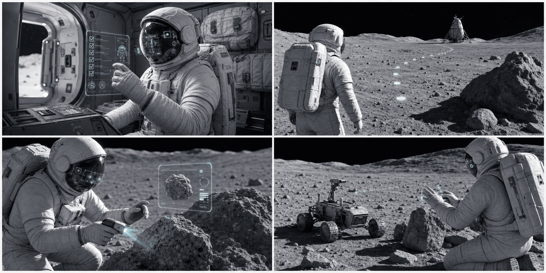 Four-panel storyboard showing an astronaut preparing, navigating, documenting lunar samples, and remotely controlling a rover